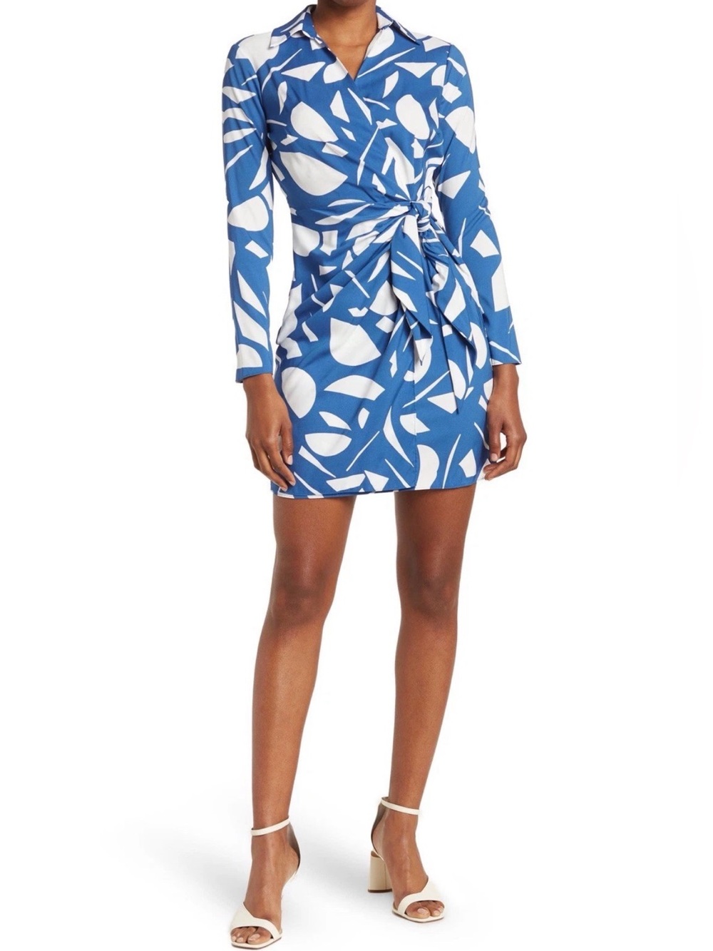 London Times Blue & White Faux Wrap Classy Dress